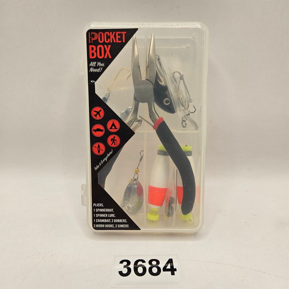 POCKET BOX FISHING TACKLE KIT PLIER LURES FLOATS HOOKS SINKERS TRAVEL SET